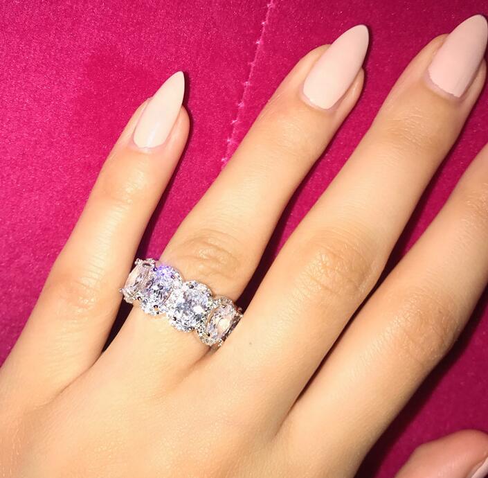 Rulalei Sparkling Luxury Jewelry 925 Sterling Silver Oval Cut White Topaz CZ Diamond Gemstones Party Promise Women Wedding Band Ring Gift