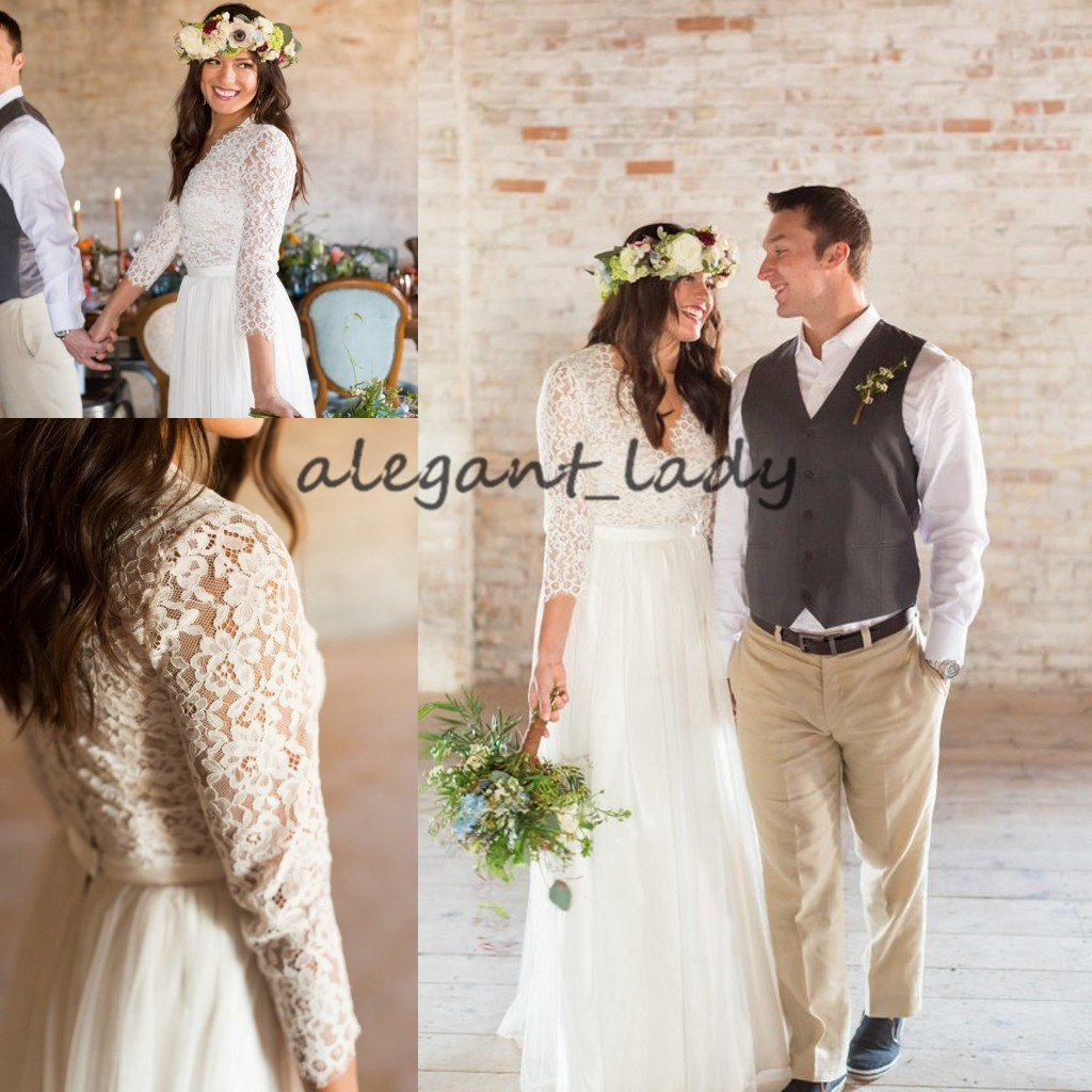 Elegant Boho Chic Lace and Tulle A Line Wedding Dress with 3/4 Sleeves Vintage Full Back Bohemian Western Bridal Gowns Cheap
