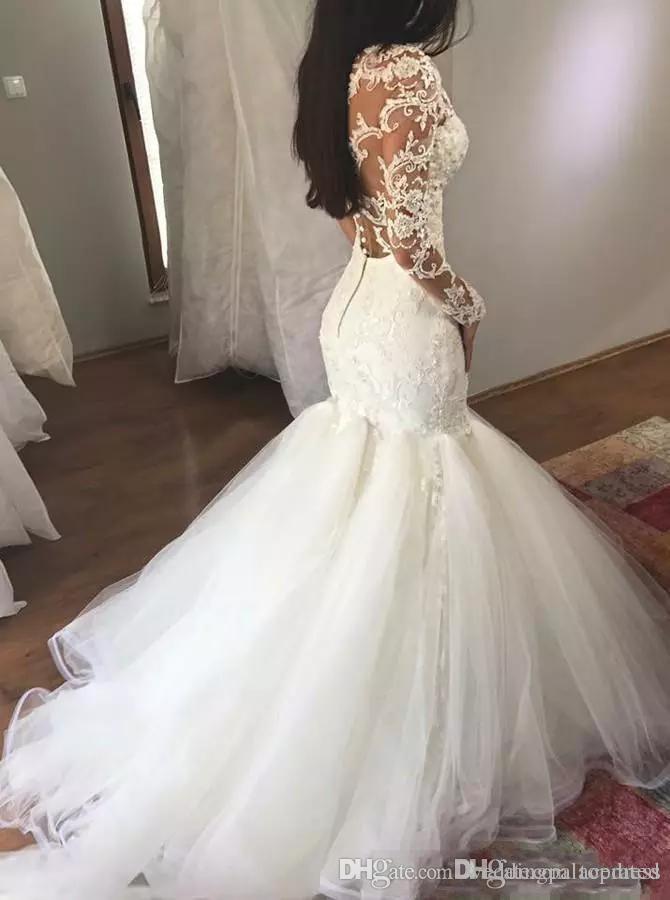 Elegant White Sexy Mermaid Wedding Dresses Deep V Neck Long Illusion Sleeve Button Back Lace Appliques Bridal Gowns Vestidos De Mariee Estidos