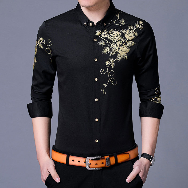 Golden Rose Flower Print Black Shirt Men 2018 Autumn New Slim Fit Long Sleeve Mens Dress Shirts Casual Button Down Chemise Homme
