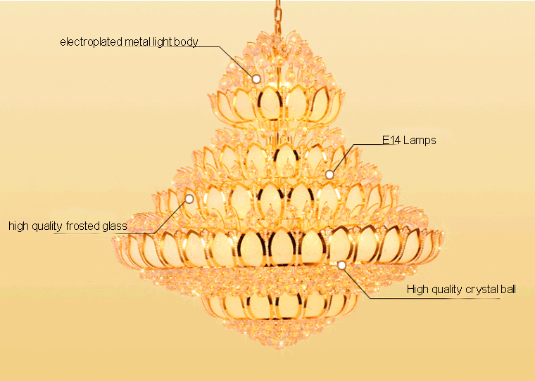 LED Light Modern Crystal Chandeliers Golden Lotus Flower Chandeliers Lights Fixture Gold Hotel Villa Home Temple Big Hanging Lamp European Indoor Ligh