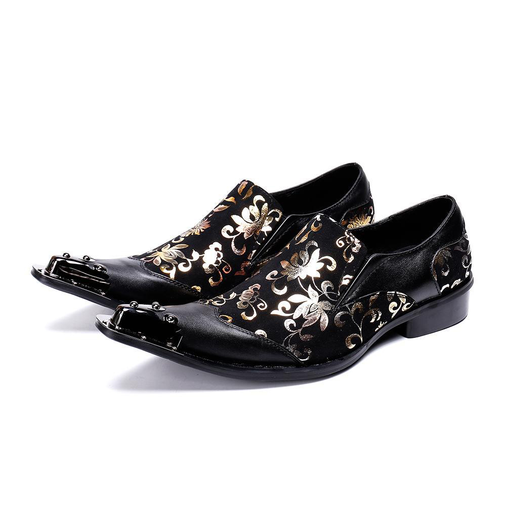 Italy New Style Mens Pointed Metal Toe Dress Shoes Black Party Shoes Gold Floral Print Patchwork Men Formal Shoes, As pic
Italy New Style Mens Pointed Metal Toe Dress Shoes Black Party Shoes Gold Floral Print Patchwork Men Formal Shoes, As pic