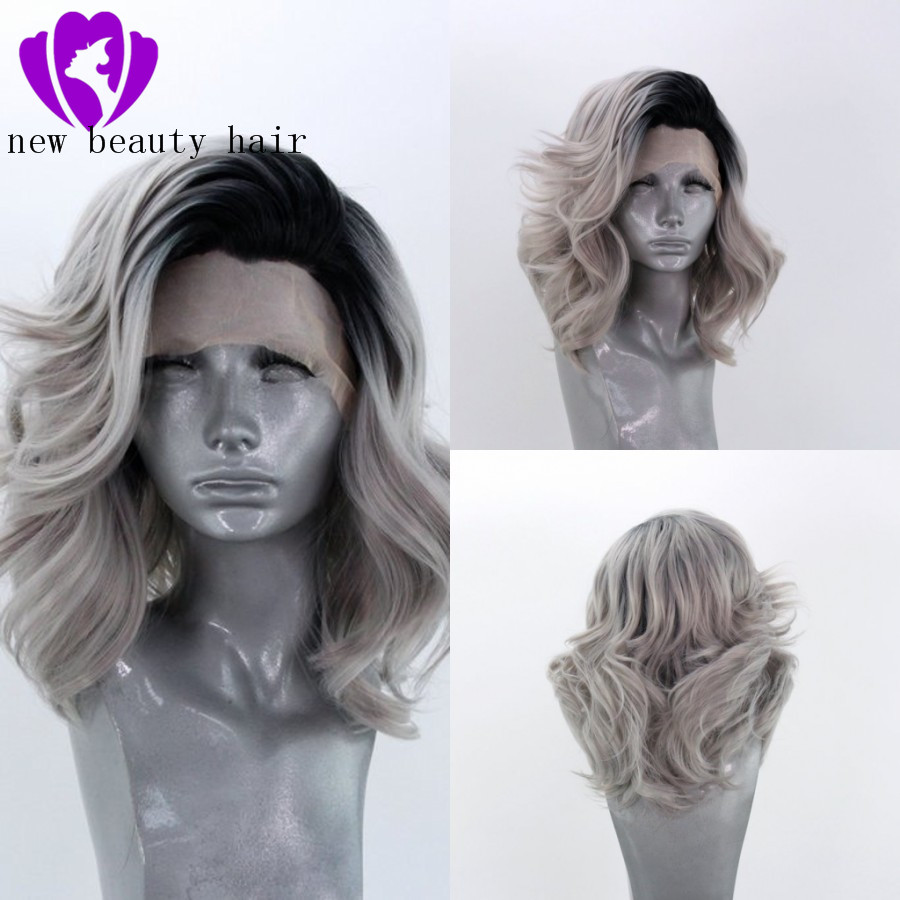 Lace Front Wig Short Body Wave Black to Grey Wig Tones Ombre Glueless Hair Synthetic Wigs for black women