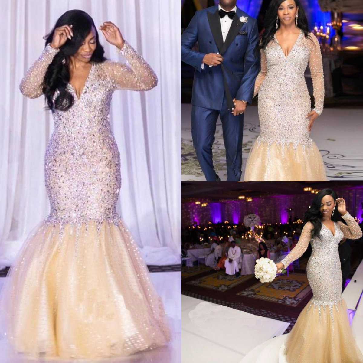 Plus Size Mermaid Prom Dresses V Neck Long Sleeves Crystal Formal Evening Dresses Beaded African Pageant Party Gowns Custom 2019