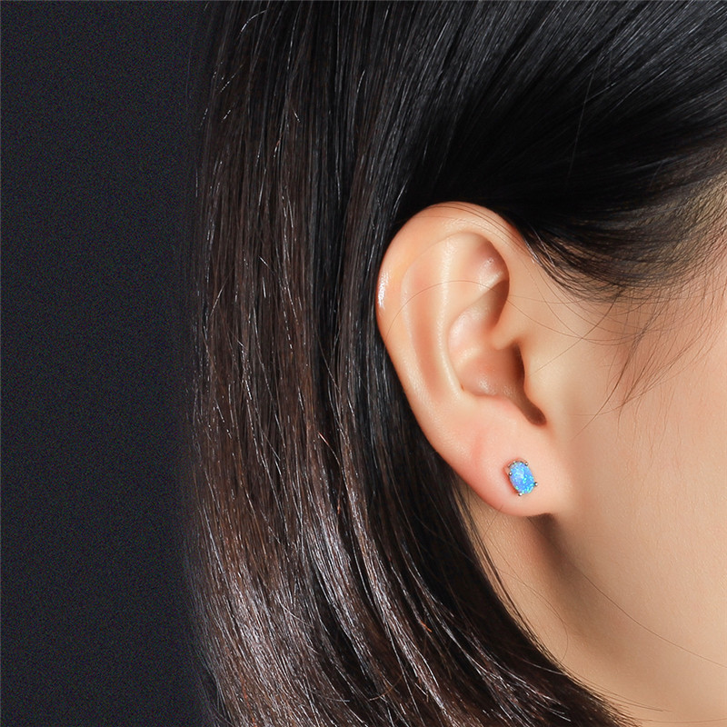 100% 925 Sterling Silver Stud Earrings New Fashion 4mm Oval Blue Fire Opal Earrings Fine Jewelry For Women