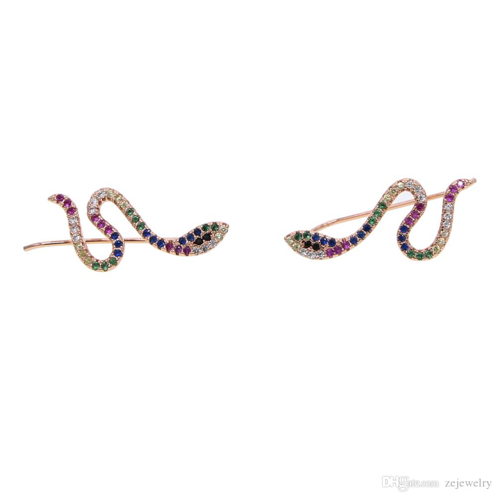2018 New european jewelry earring for lady girl colorful micro pave cubic zirconia rainbow ear climber snake shaped fashion CZ earrings