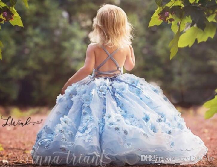Lovely Blue Flower Girls Dresses V Neck Beads Handmade Flowers Toddlers Pageant Dress Floor Length Princess Party Gowns For Wedding