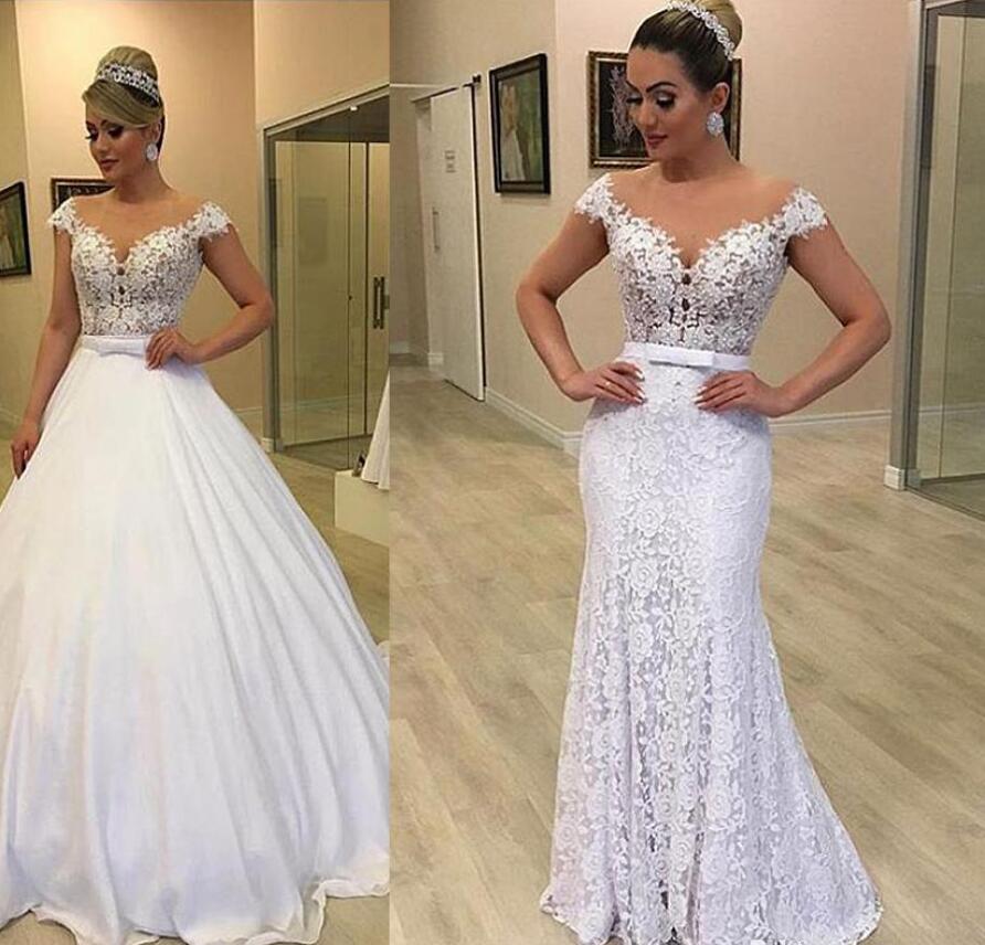 2020 new Modern Lace Jewel Neckline Wedding Dresses With Detachable Skirt Bowknot Two Pieces Lace Bridal gowns Vestido de noiva