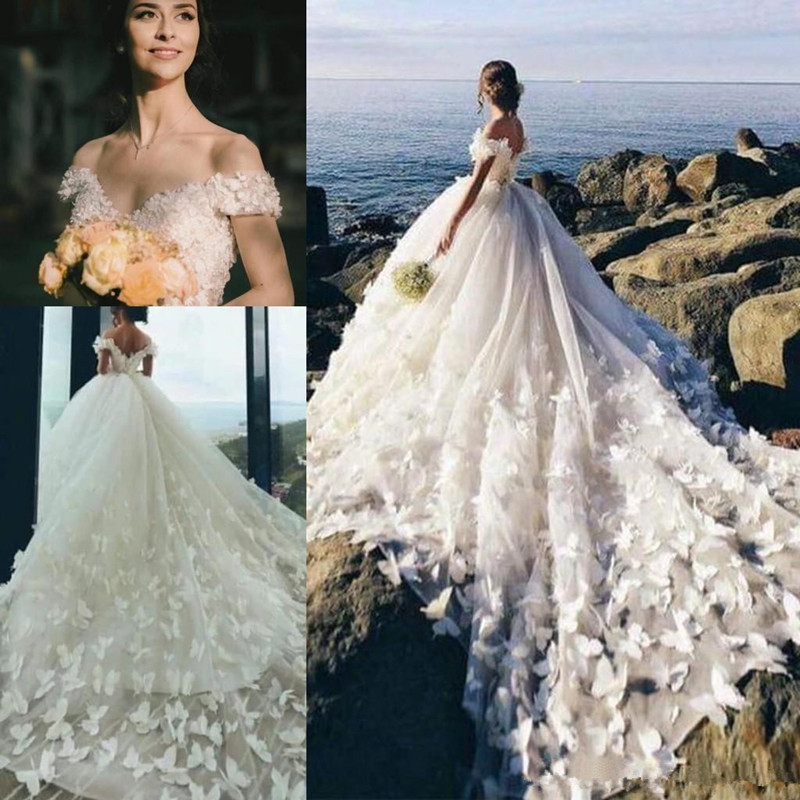 cathedral train princess wedding dresses off shoulder butterfly 3d floral lace beach garden bride wedding gown vestido de n