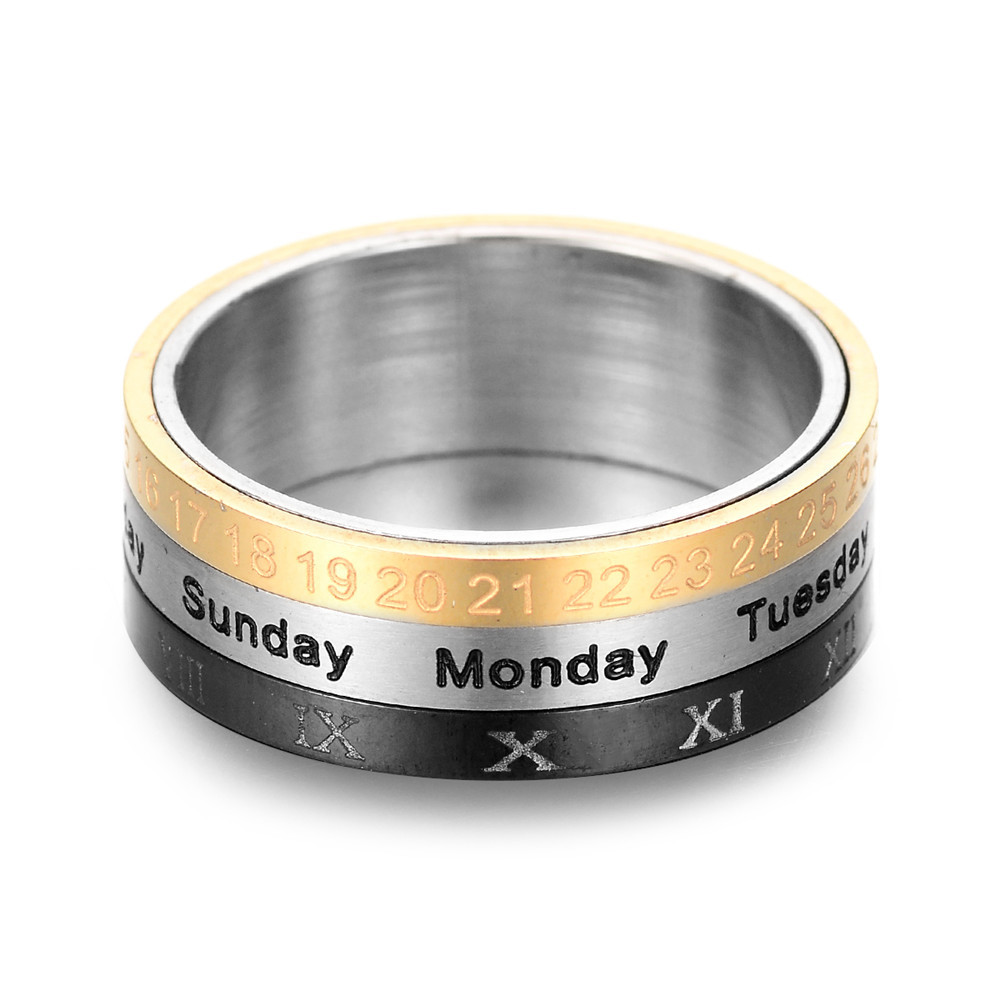 Wholesale-8mm Titanium Steel Tricolor Calendar Time Wedding Ring Men's Fashion Jewelry Rotating Ring Hot