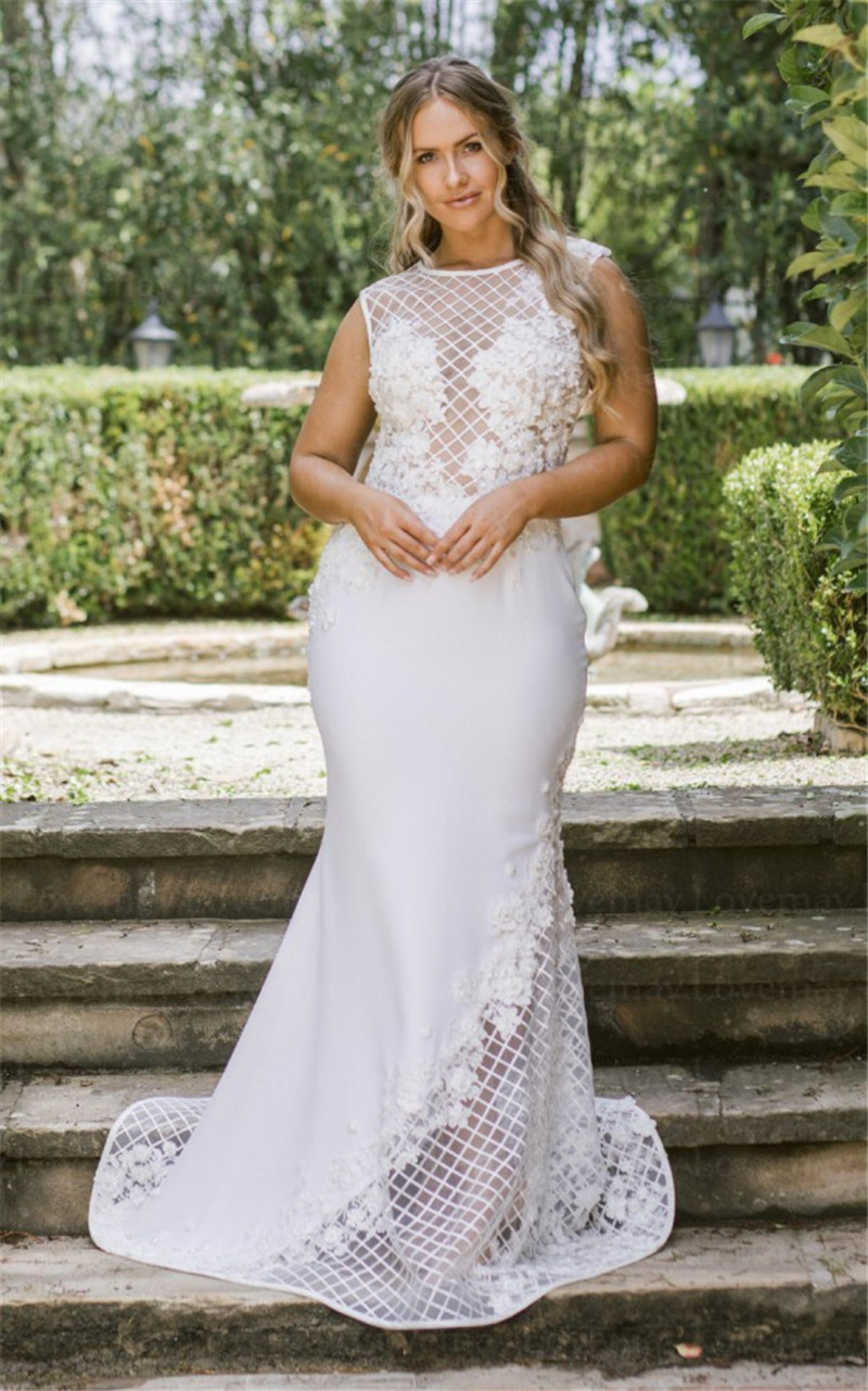 3D Appliqued Fashion Mermaid Wedding Dresses Sheer Bateau Neck Beaded Bridal Gowns Satin Sweep Train Trumpet Robe De Marie
