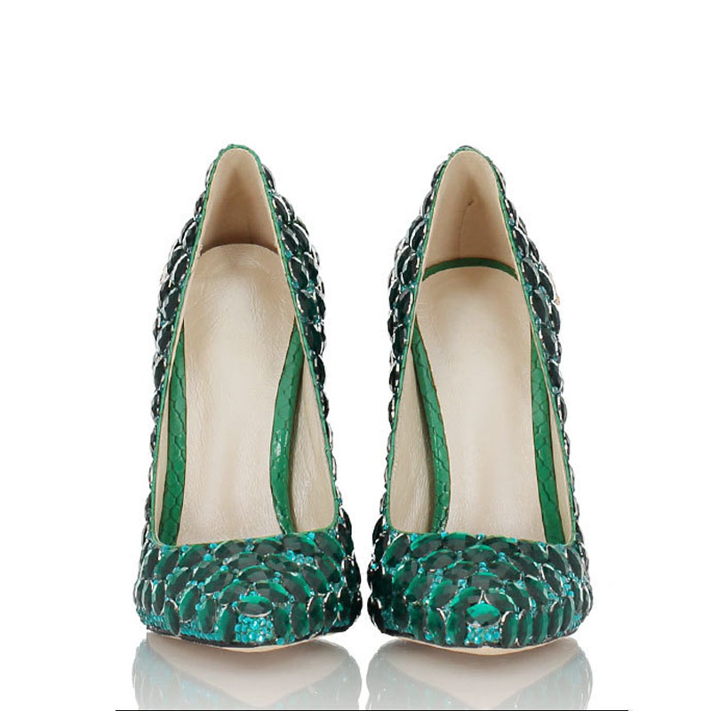 Hot Sale-Green Rhinestone snake heel dress shoes women unique genuine leather pointed toe high heels pumps chaussures femme wedding shoes