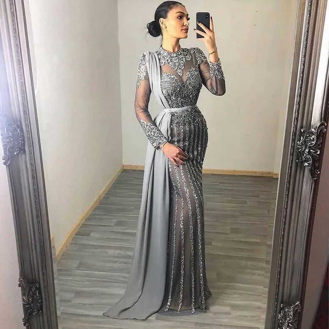 2020 Aso Ebi Arabi Silver Luxurious Mermaid Evening Dresses Beaded Crystals Prom Dresses Sexy Formal Party Second Reception Gowns ZJ222