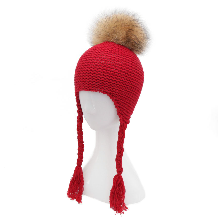 Winter Kids Knitted Hats Ear Protection Children Skullies Beanies Caps 1 to 3 Years old Baby Hat With Raccoon Fur Ball YWMQFUR D18110601