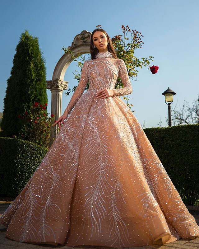 2020 Stunning Evening Dresses High Neck Beaded Sequins Long Sleeves Prom Dress Ruffle Floor Length Custom Made Formal Party Gown