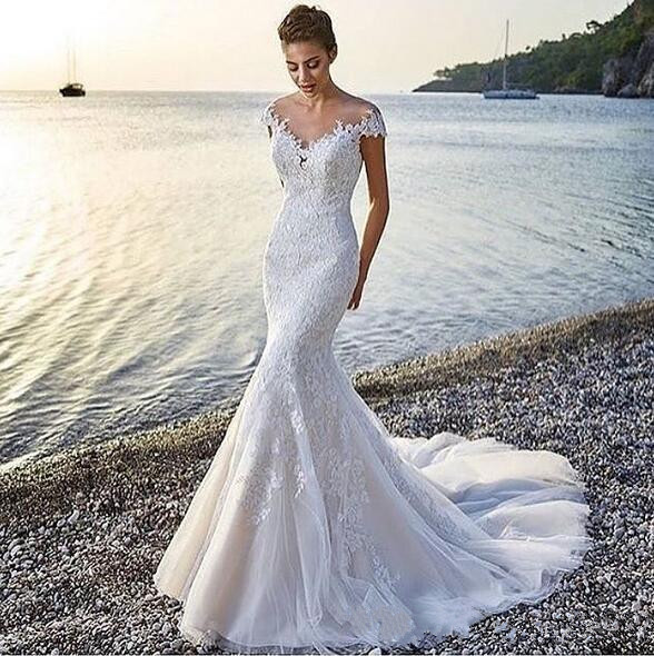 eddy k mermaid wedding dresses sheer jewel neck sweep train lace appliqued bridal gowns short sleeve country boho beach wedding dress