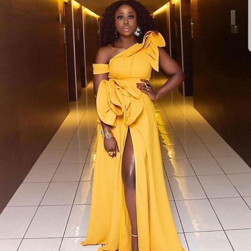 African One Shoulder Prom Dresses 2019 Thigh High Slit Tiered Ruffles Evening Dress Custom Made Floor Length Cocktail Party Dresses