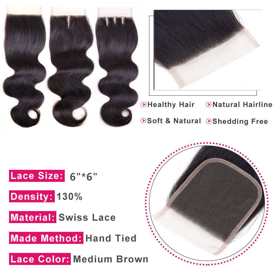 6*6 Straight Bodywave Deep Wave Lace Closure Bleached Knots Brazilian Human Hair Closure Free Middle 3 Part 100% Virgin Hair