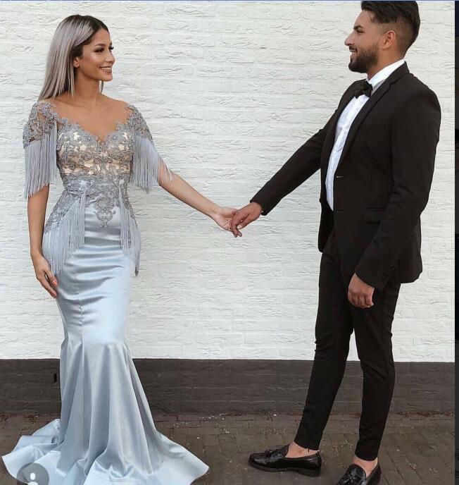 Satin Silver Mermaid Prom Dresses V Neck Lace Appliques Tassel Plus Size Evening Gowns Special Occasion Dress Abendkleider Party Gowns