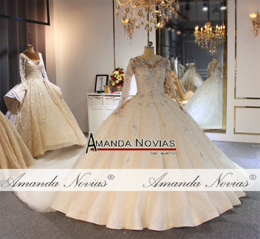 High Neck Crystal Lace Ball Wedding Dresses Muslim Long Sleeves Open Back Plus Size Bridal Gown Real Pictures