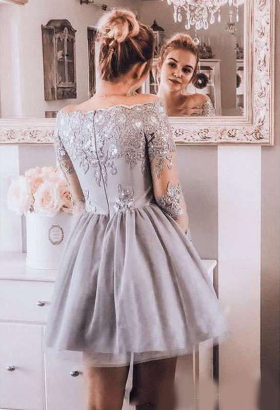 Silver Tulle A Line Homecoming Dresses with Lace Applique Long Sleeves Cocktail Party Gowns Zipper Back Cheap Bridesmaid Dress