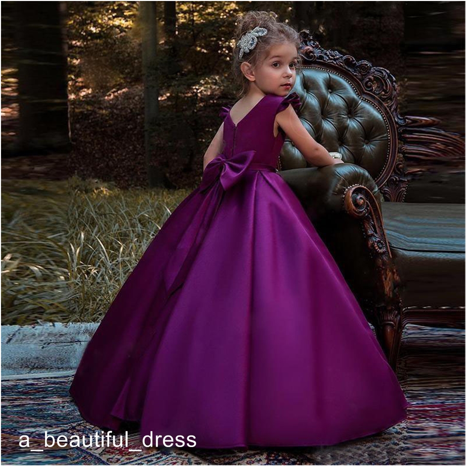 Purple Satin Flower Girl Dresses Bow Back Princess Birthday Party Gowns Toddler Little Girls Pageant Dress First Communion Dresses FG1342