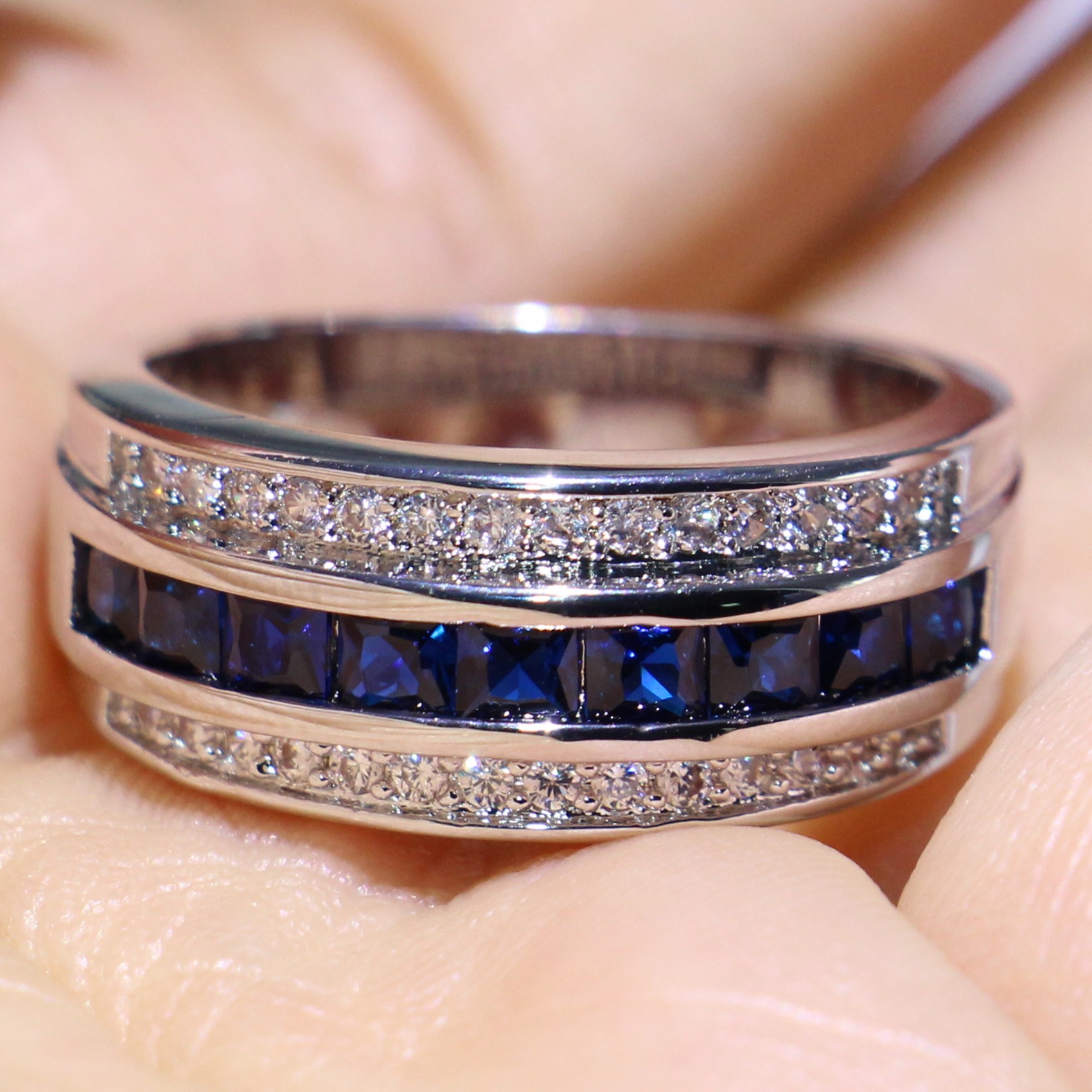 Choucong New Arrival Hot Sale Fashion Jewelry 10KT White Gold Fill Princess Cut Blue Sapphire CZ Diamond Men Wedding Band Ring For Lover