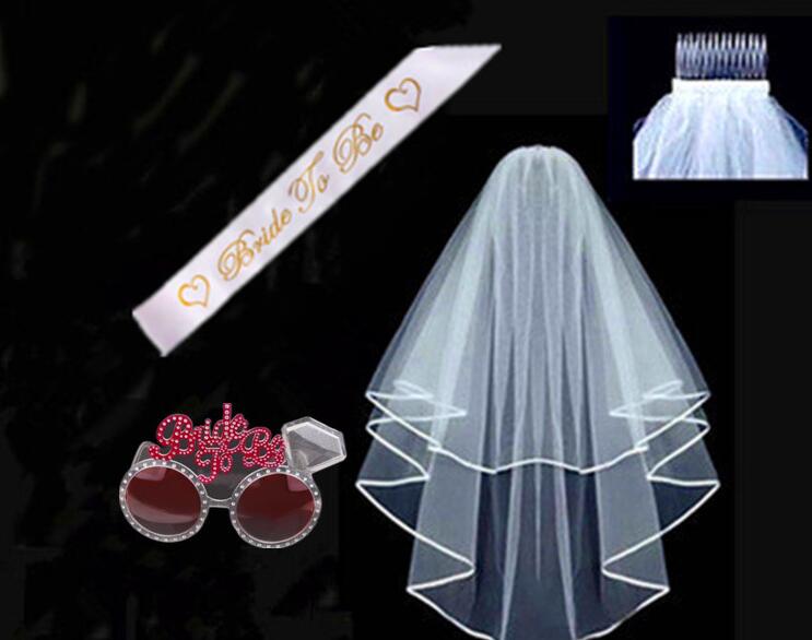 Bride to Be Sash White Bridal Wedding Veil Bride To Be Satin Sash Bachelorette Party girls Hen Party Bridal Shower Kit Decoration Supplies