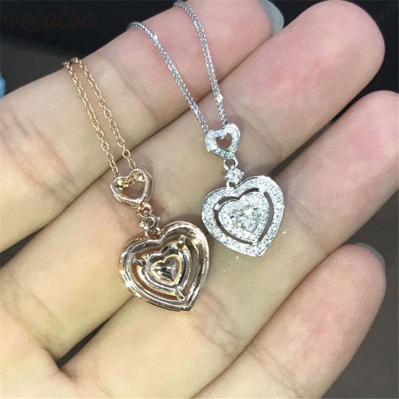 Vecalon Heart shape pendant Real 925 Sterling silver Diamond Wedding Pendants with necklace for Women Bridal Party Jewelry Z250910