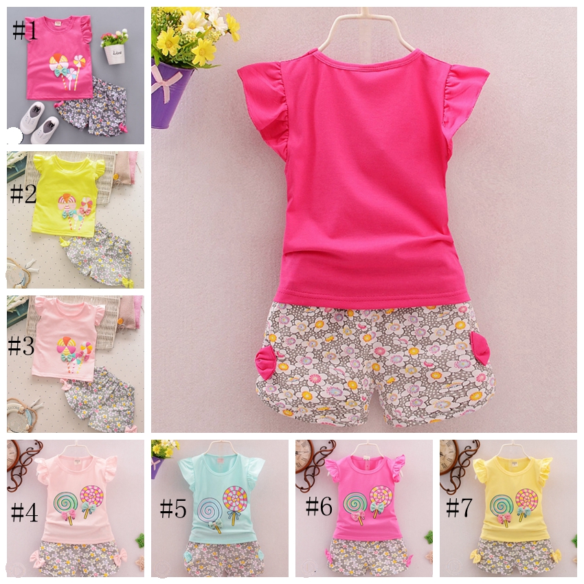 Baby Girls Outfits Lollipop Printed Kids Tops Floral Shorts 2pcs Sets Sweet Girls Clothes Set Fashion Kids Clothing 7 Colors DHW2448
