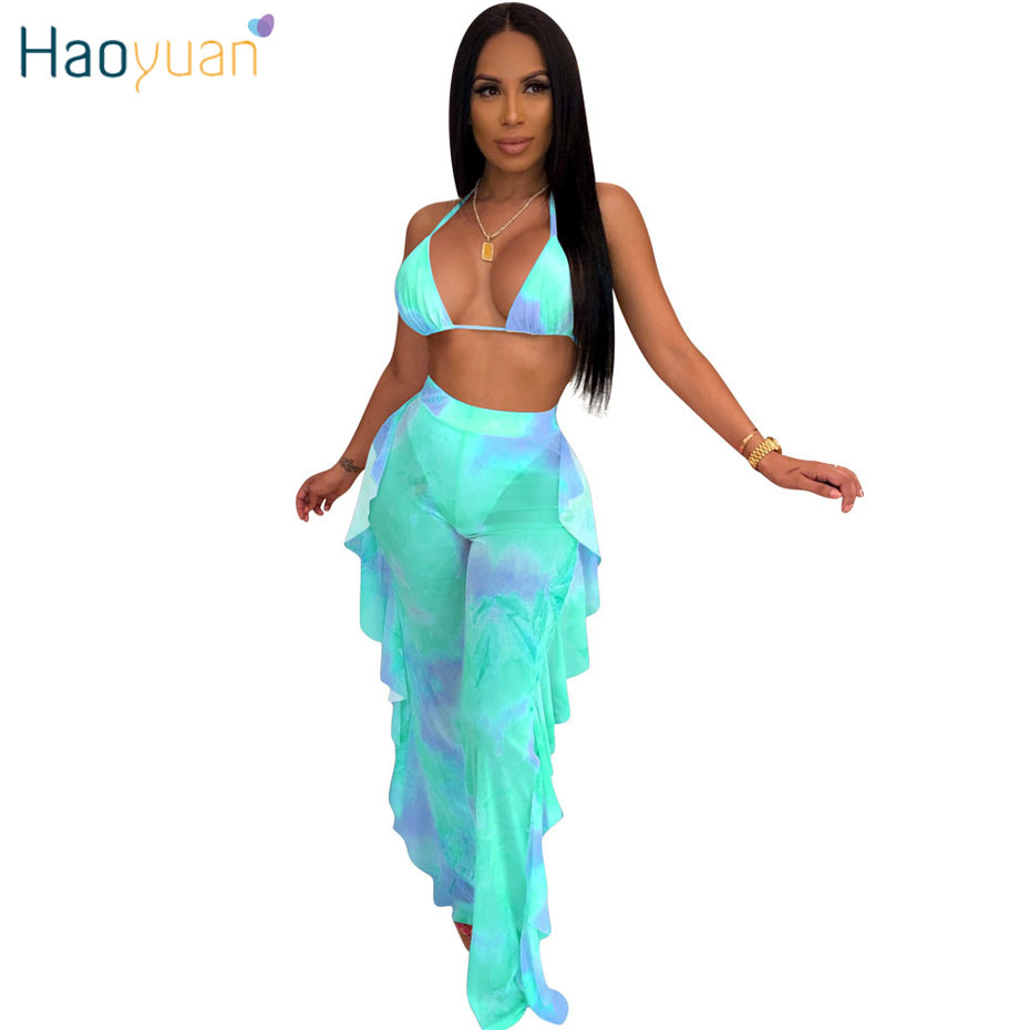 HAOYUAN Sexy Two Piece Set Mesh Crop Top and Ruffle Pants Matching Sets Summer Festival Clothing 2 Piece Club Outfits for Women
