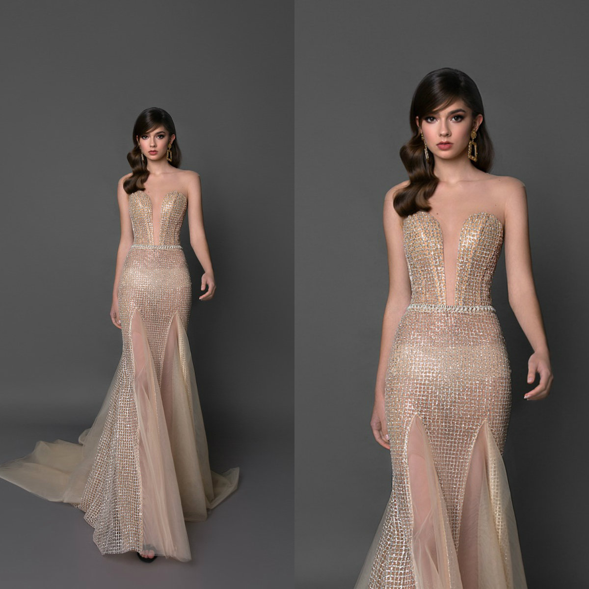 2019 Champagne Mermaid Prom Dresses Sweetheart Deep V Neckline Illusion Thigh High Slits Evening Gowns Formal Party Dresses Custom Made