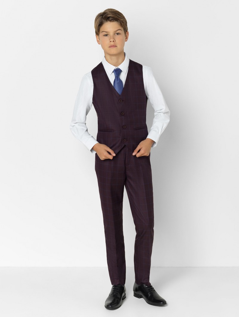 Boys Burgundy Check Suit Dinner Suits Boys Suits Tuxedo for Kids Great Quality Formal Occasion Suits For Little Men Three Pieces Fantastic