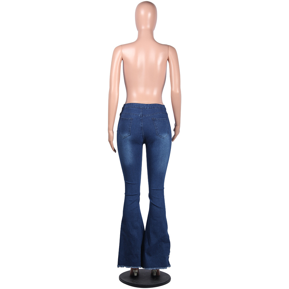Fashion Elastic High Waist Denim Flare Pants Women Retro Diamonds Jeans Wide Leg Trousers Lady Casual Bell-Bottoms Fla