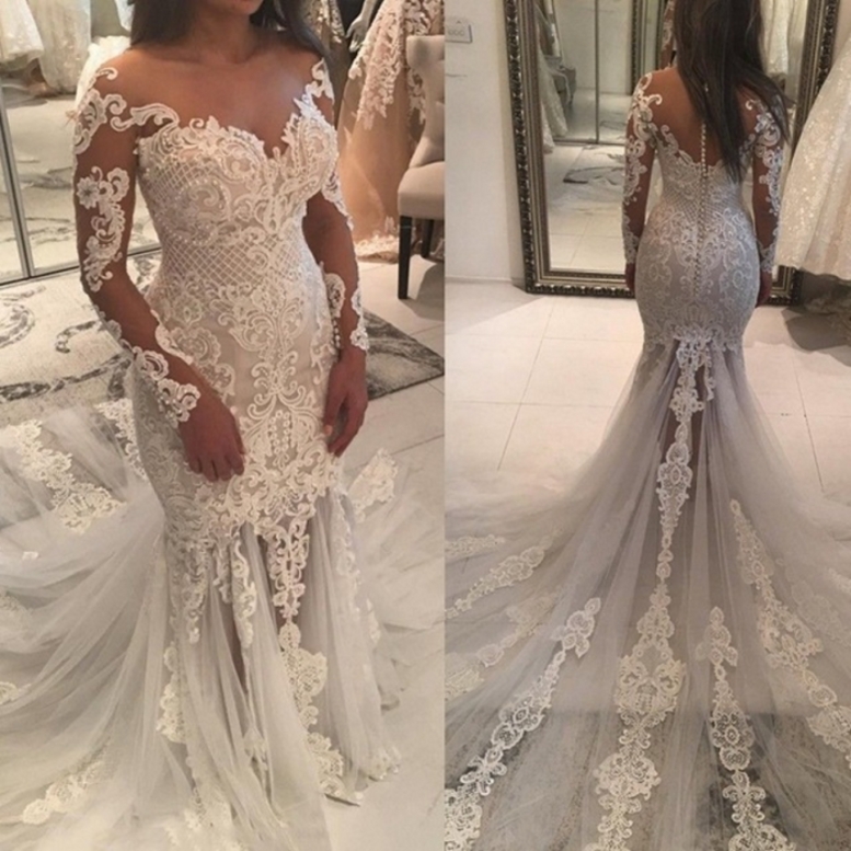 2025 Vintage Lace Mermaid Wedding Dresses Arabic Long Sleeve Sheer Illusion Bridal Gowns Hot Sale Vestidos De Novia