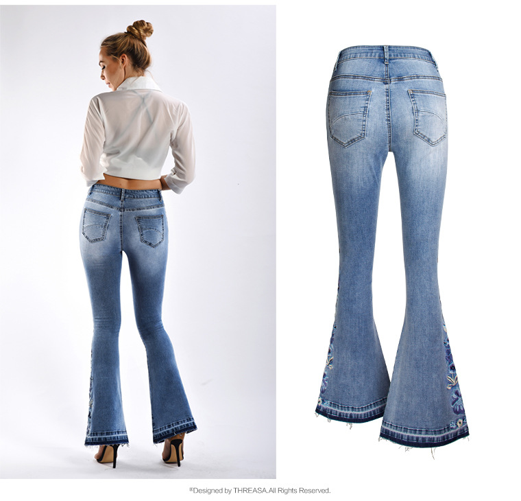 hot sale hot sale Flared And Embroidery Jeans Women'S Floral Skinny Denim Pants Woman Plus Size Wide Leg Jeans
