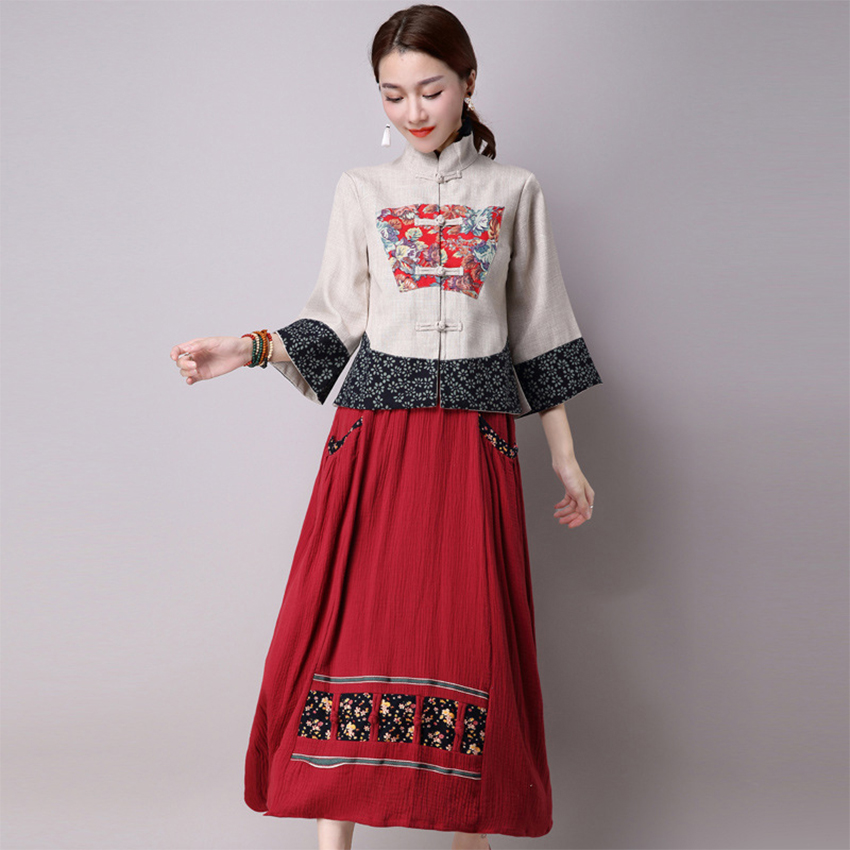 National Floral Print Cheongsam Chinese Dress for Women Skirt Embroidery Tangsuit Qipao Linen Long Sleeve Dresses Elegant