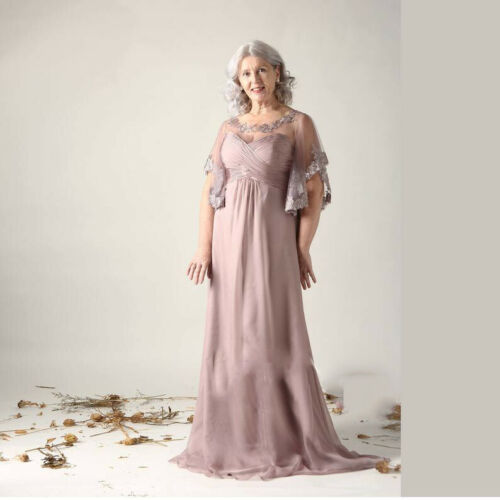 Plus Size Mother Of The Bride Dresses Short Sleeve Lace Appliqued Chiffon Long Evening Gown For Weddings