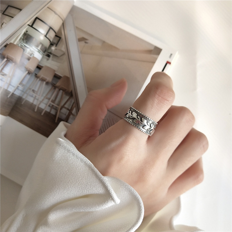 New Vintage Style 925 Sterling Silver Leaf Open Rings For Women Retro Wide Open Statement Ring Fine Jewelry
