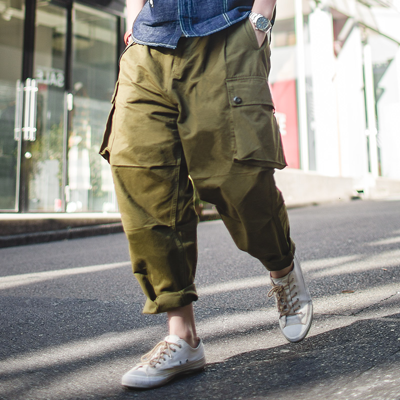 MADEN Mens Baggy Harem Pants Drop Crotch Cargo Pants Multi Pocket Green Khaki CJ191129