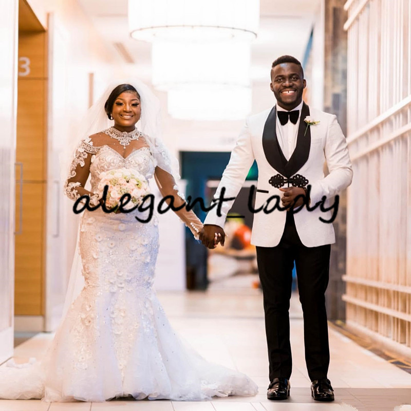 Plus Size Luxury Mermaid Wedding Dresses 2020 Lace Crystal African Arabic Long Sleeve 3D Floral Chapel Train Castle Wedding Gown