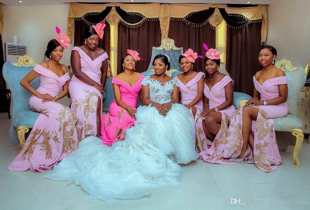 African Pink Mermaid Bridesmaid Dresses With Lace Appliques Off Shoulder Side Split Satin Wedding Guest Dress Plus Size Maid Of honor Cheap