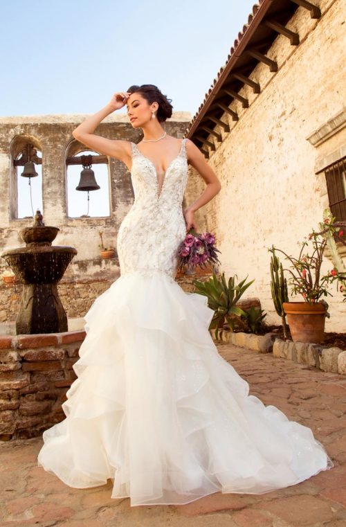 Kitty Chen Mermaid Tiered Skirts Wedding Dresses Lace Appliqued Beaded V Neck Bridal Gowns Vestido De Novia Wedding Dress