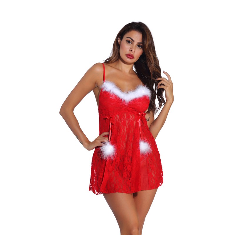 Christmas Holiday Red Floral Lace and Mesh Sheer Babydoll with G-String Sexy Lingerie Sleepwear Chemise Dress with White Fuzzy Trim S-XXL
