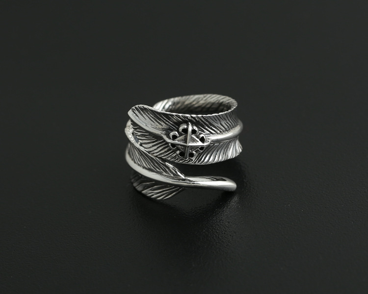 Brand 925 sterling silver jewelry antique silver American Japanese hand-made designer feather open adjustable rings for men women