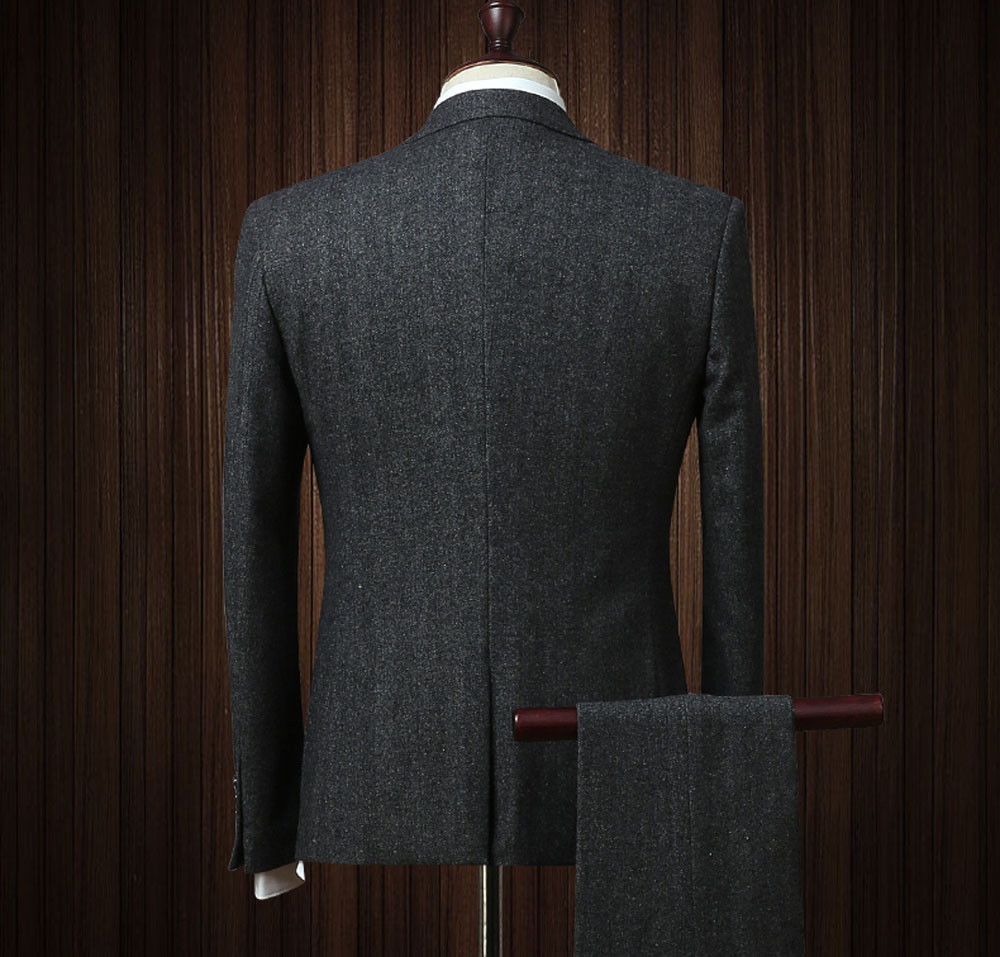 Two Bottons Mens Suits 3 Piece Wool Blend Herringbone Tweed Suit Black Vintage Tailored Fit Formal Groom Wear Business Mens Fowns