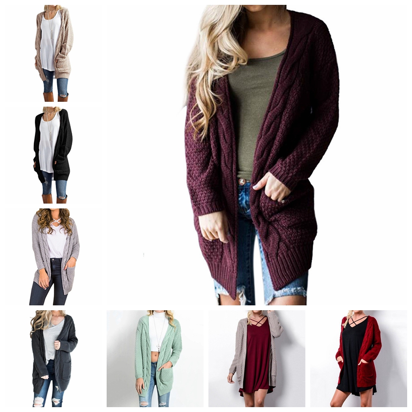 Knits autumn winter European style long solid color pocket sweater twist sweater khaki pink black gray support mixed batch