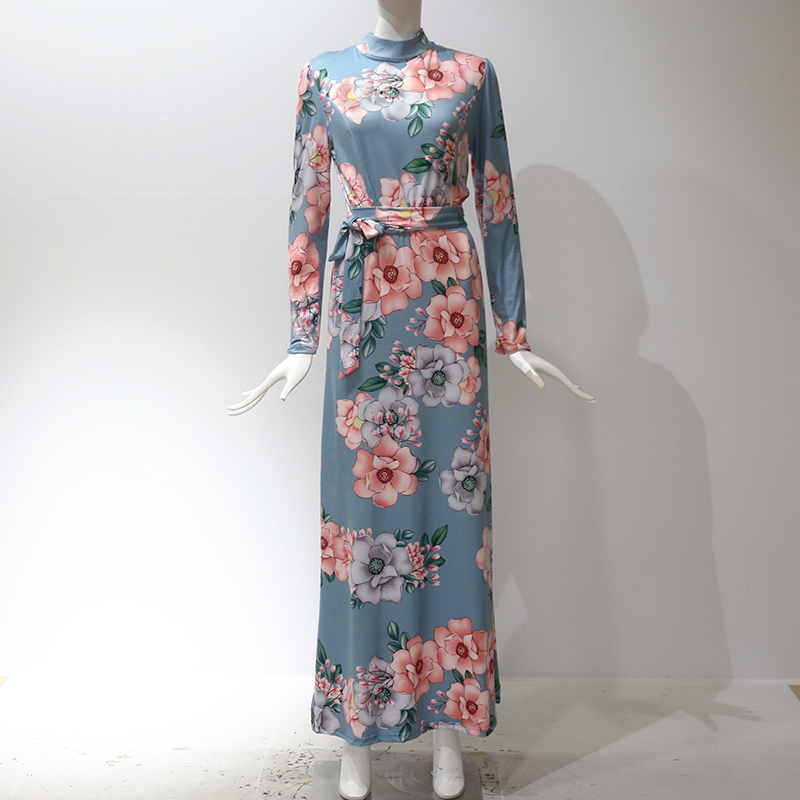 Women Long Dress Floral Print Beach Maxi Dress Casual Long Sleeve Turtleneck Bandage Elegant Long Party Dress Vestidos Plus Size Y19012102