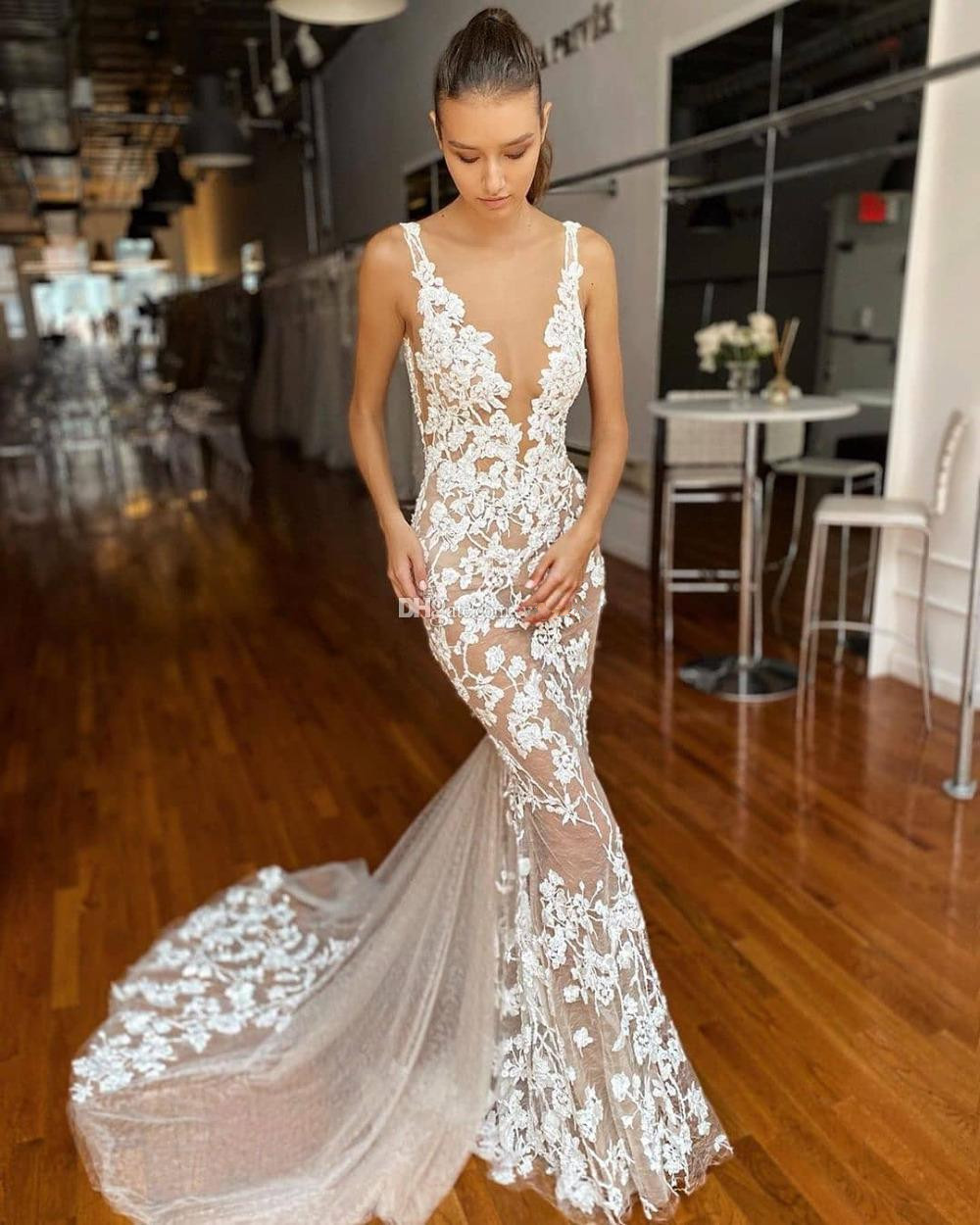 berta mermaid wedding dresses deep v neck lace appliqued beach boho wedding gown custom made bridal dress robe de marie