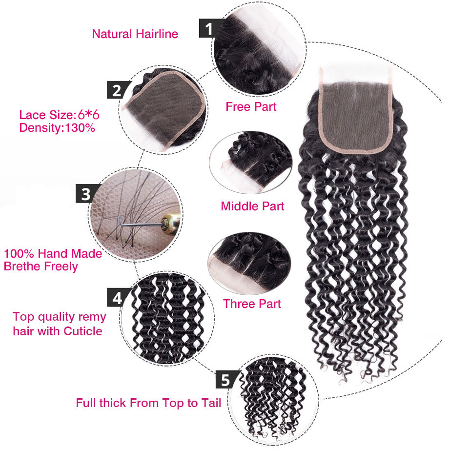 6*6 Straight Bodywave Deep Wave Lace Closure Bleached Knots Brazilian Human Hair Closure Free Middle 3 Part 100% Virgin Hair